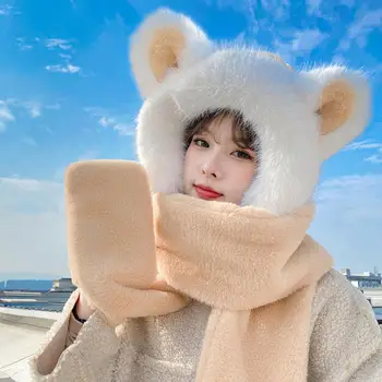 Универсална еластична шапка, Уютна зимна шапка, шал, ръкавици, защита за ушите във формата на малка мечка, запазете топлината с помощта на жените за различни цели