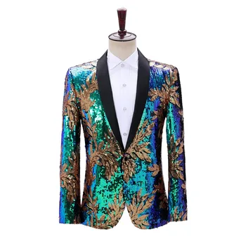 Уникален дизайн, мъжко сако с пайети, яке с лилаво синьо-зелени листа, мъжки костюм с пайети за събитие