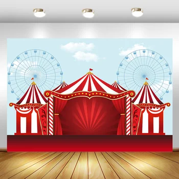 Фон за рожден ден MOCSICKA Circus, Червена палатка, фантазия фонове, за снимки, виенско Колело, фон за детски рожден ден