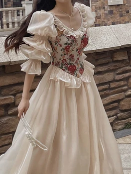 Френското винтажное рокля с флорални принтом, Секси елегантна рокля Миди с кръгло деколте, женствена рокля с пищни ръкави, Корейското страхотна рокля Есен 2023