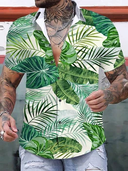 Хавайски мъжка риза, Летен топ с къс ръкав и принтом тропически растения, Однобортная ежедневни дрехи за почивка на море в голям размер