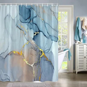 Цветни мраморни завеса за душ, абстрактна синьо-лилава Нефритовая текстура, Златни ивици, завеса за душ Омбре, Модерен интериор на баня с мастило