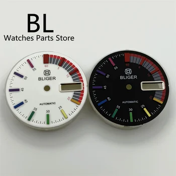 Циферблат часа BLIGER 28,5 мм NH36 Преливащи Многоцветни Етикети Време, Черен, Бял Цвят, Механизъм за самостоятелно ликвидация, Прозорец за дата, корона на 3 часа