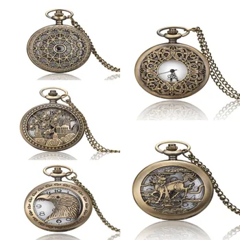 Часовници с панти капак Джобен часовник с выдолбленным дизайн в Ретро стил Бронзови Кварцов часовник