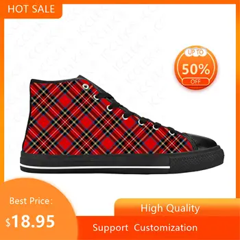 Червена шотландската шотландка Royal Stewart Clan в клетката, готини и ежедневни тъканта, обувки с висок берцем, удобни дишащи мъжки и дамски маратонки с 3D-принтом