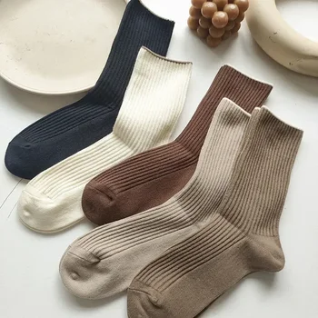 Чисто нов комплект от 5 чифта японски чорапи, обикновен дамски ежедневни памучни чорапи, есенни прости дамски чорапи със средна дължина, полихромные