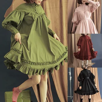 Японската Мома COS Dress Нова Рокля С Дълъг Ръкав, Копчета, Украшенное Ръкав-Фенерче, Рокля стил Лолита