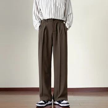 Японски Реколта Драповые панталони Мъжки Пролет-лято Корейски Костюмные панталони кафе цвят Свободни Директни Ежедневни панталони с копчета F30
