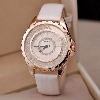 № 2 Луксозни дамски часовници марка KEZZI, модерен, елегантен циферблат от планински кристал, висококачествена черна каишка от изкуствена кожа, водонепропусклива кварцов часовник